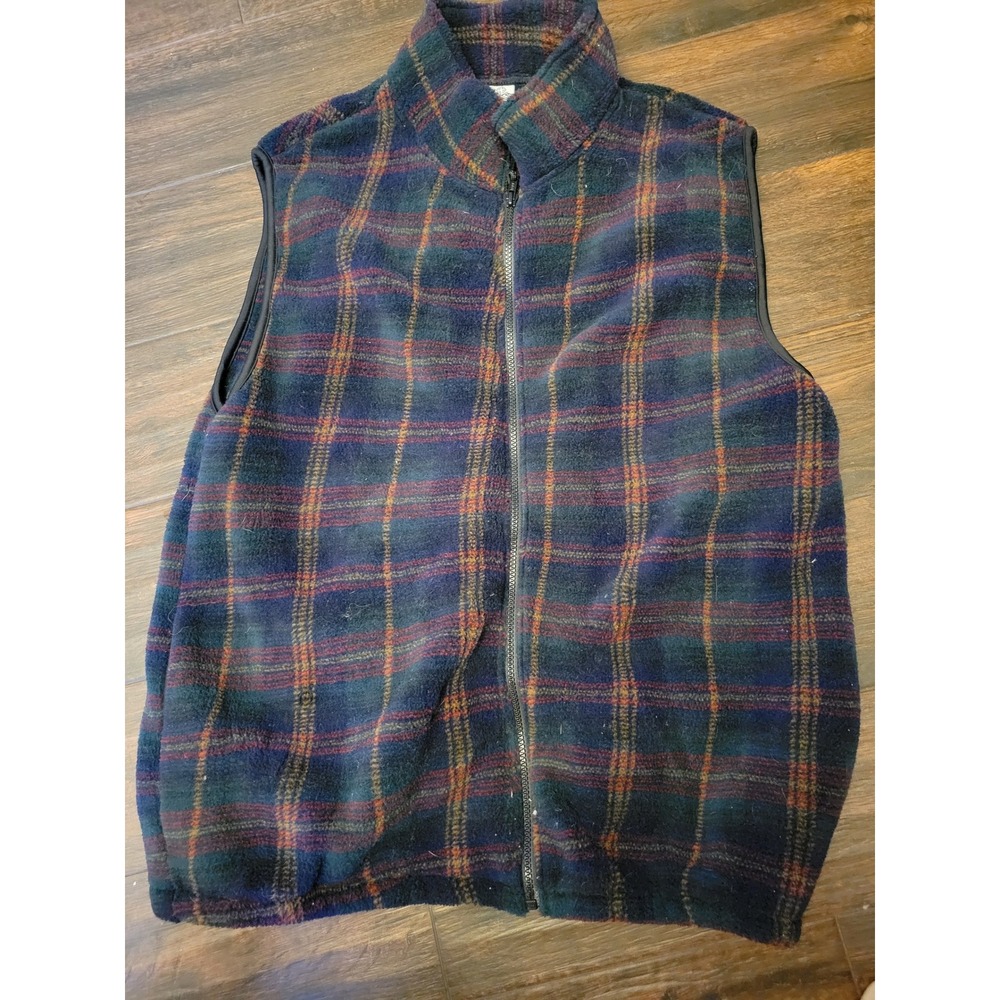 Trail Ridge Mens Plaid Fleece Vest Large Full Zip Blue Green Red Made in USA 816